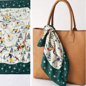 Vintage 80s GAP 100% Silk Ski Scene Square Scarf | Winter Alpine Print